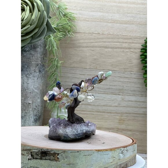 Bonsai Crystal Chakra Tree of Life Amethyst Geode Gemstone Base 3.5 in. Tall (N) - Picture 15 of 16